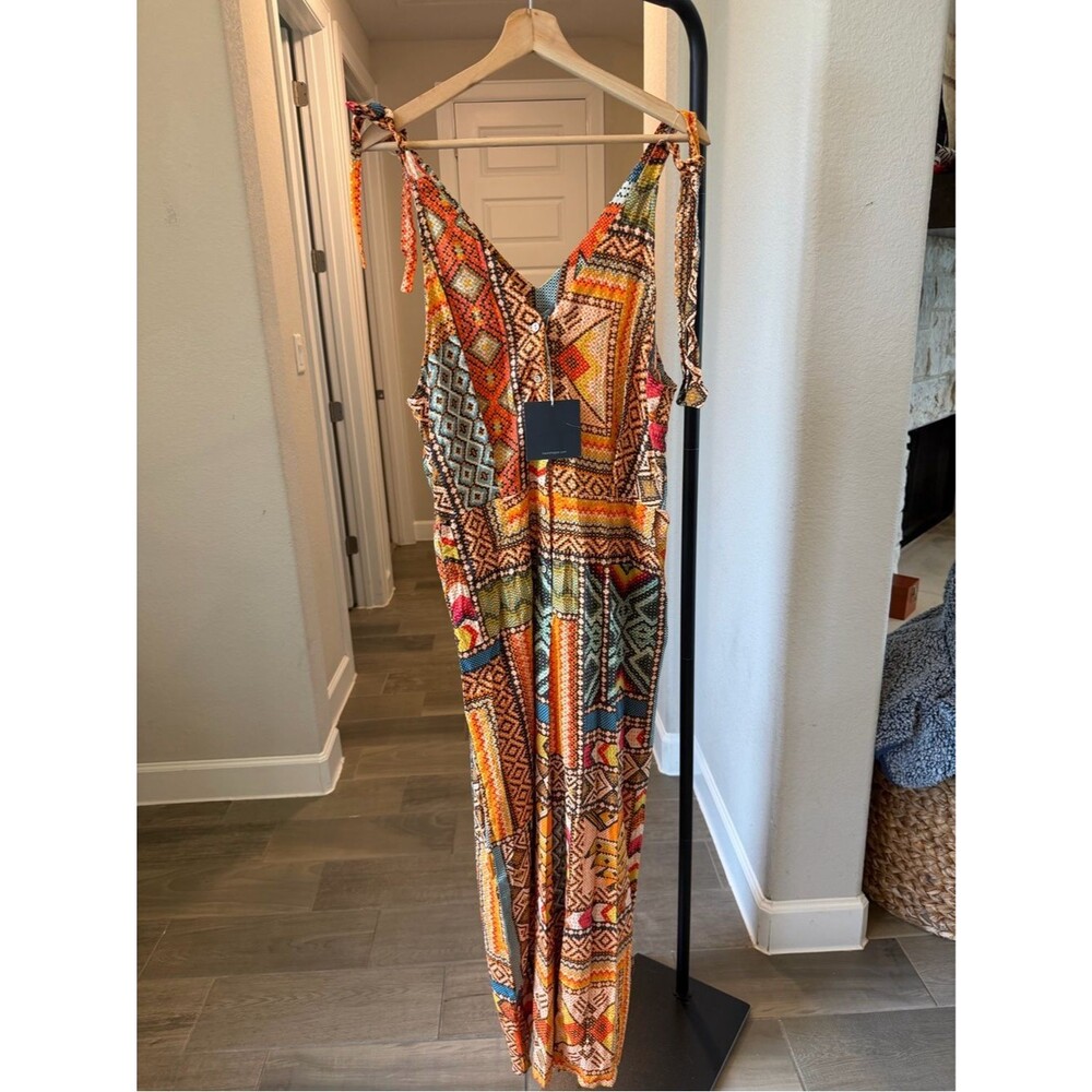 Haute Hippie Multicolor Orangr Geometric Tie-Shoulder Jumpsuit M MSRP:$295